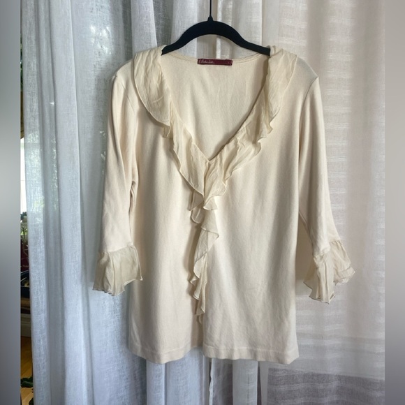 Barbara Lesser Tops - Barbara Lesser Fibers Size L Cream Ruffle Trim Flare Sleeves Women Top Blouse
